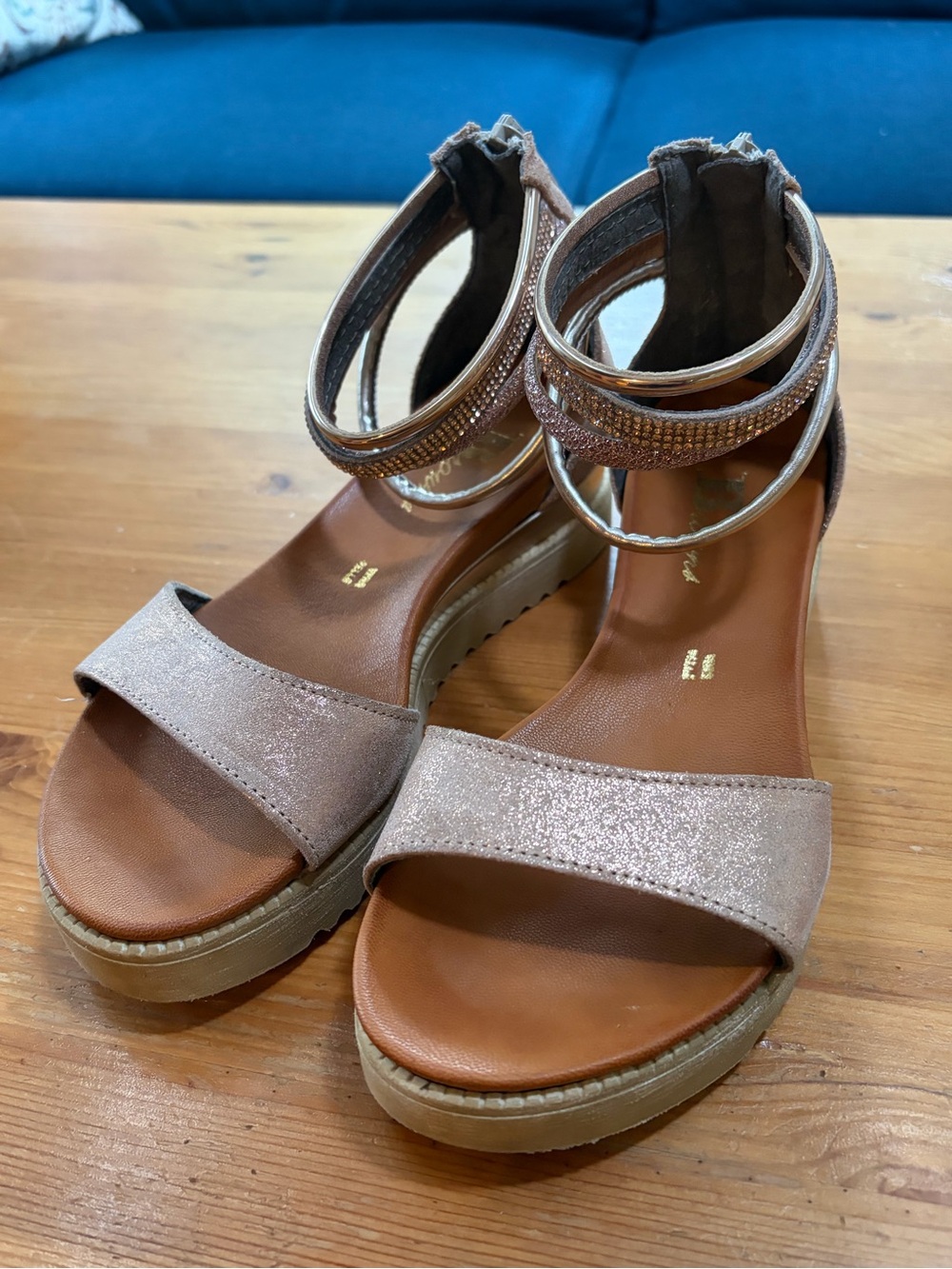 Browns Suede Ankle-Strap Platform Sandals in Sparkly Taupe Rose Gold